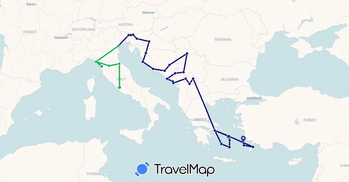 TravelMap itinerary: driving, bus in Bosnia and Herzegovina, Greece, Croatia, Italy, Montenegro, Serbia, Slovenia, San Marino, Kosovo (Europe)